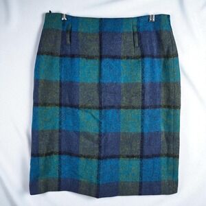 VTG Union Level Boiled Wool Plaid Pencil Skirt Woman EU 46(14) Blue Green Career